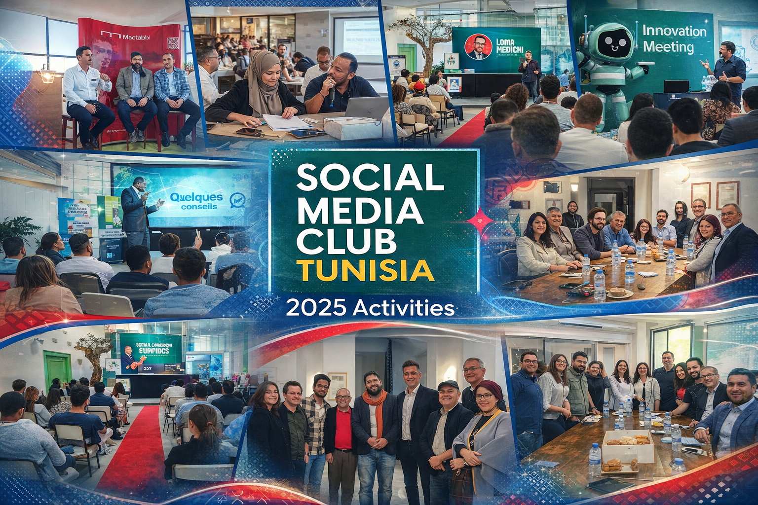Collage d'activités du Social Media Club Tunisia en 2025, montrant des intervenants et des participants lors d'événements.