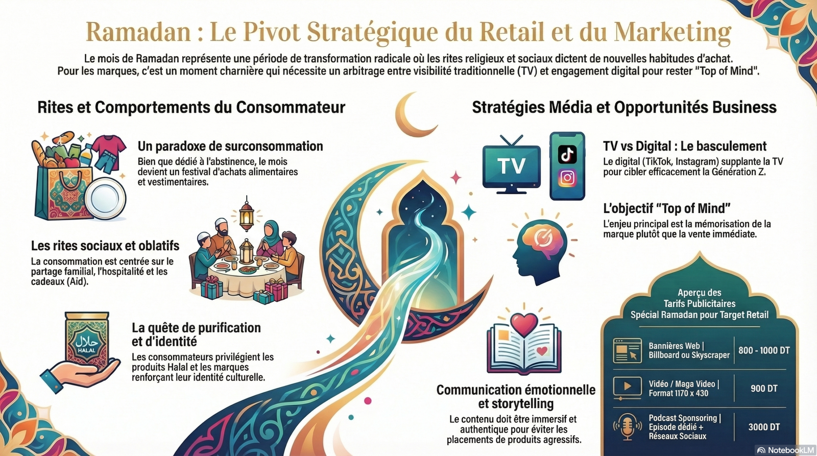 Affiche Ramadan et marketing par Branding Tounsi à Dar Sanaa, Tunis; motifs dorés et arabesques, icônes TV et livre, texte et silhouettes évoquant le thème culinaire et social.